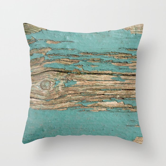 Rustic Wood Ages Gracefully - Beautiful Weathered Wooden Plank - knotty wood weathered turquoise pai Throw Pillow