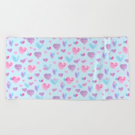 Lovely Pink and Blue Heart Pattern Beach Towel