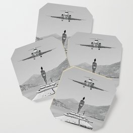 Steady As She Goes; aircraft coming in for an island landing black and white photography- photographs Coaster