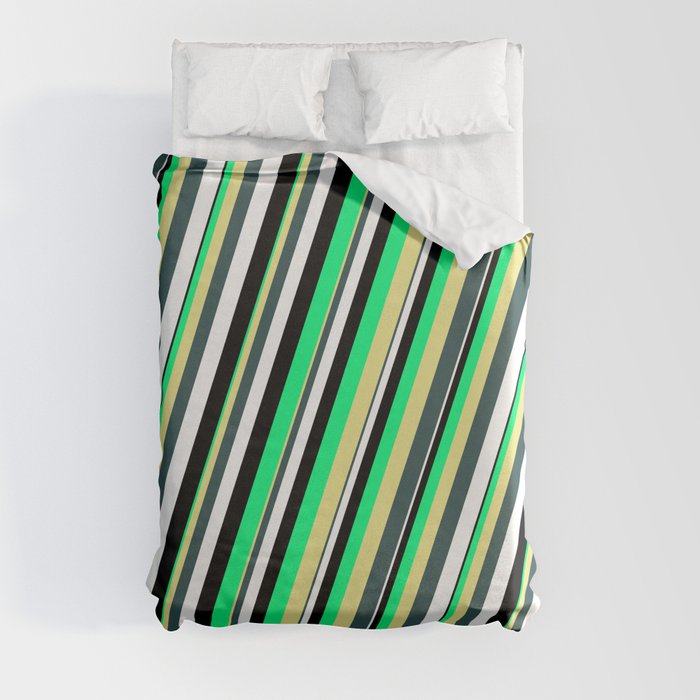 Vibrant Green, Tan, Dark Slate Gray, White, and Black Colored Striped/Lined Pattern Duvet Cover