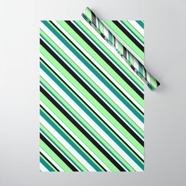 [ Thumbnail: Green, Teal, Mint Cream & Black Colored Lined Pattern Wrapping Paper ]