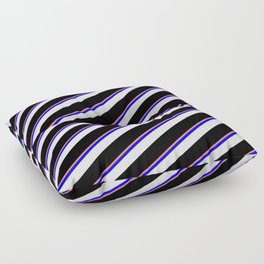 [ Thumbnail: Light Coral, Blue, White & Black Colored Striped Pattern Floor Pillow ]
