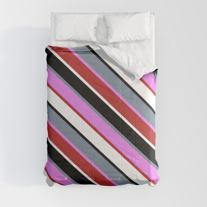 Vibrant Light Slate Gray, Violet, Red, White & Black Colored Stripes/Lines Pattern Comforter