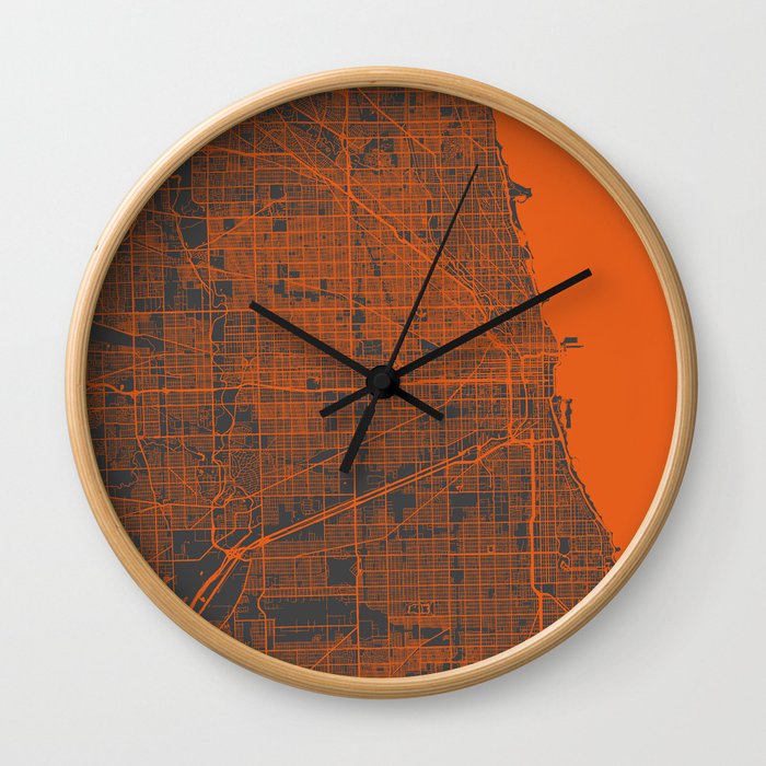 Chicago map orange Wall Clock