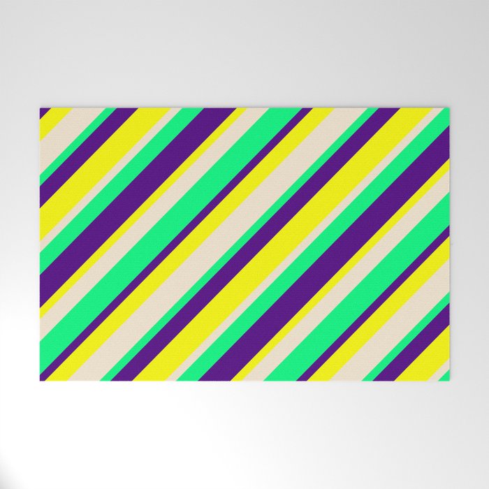 Indigo, Yellow, Beige & Green Colored Pattern of Stripes Welcome Mat