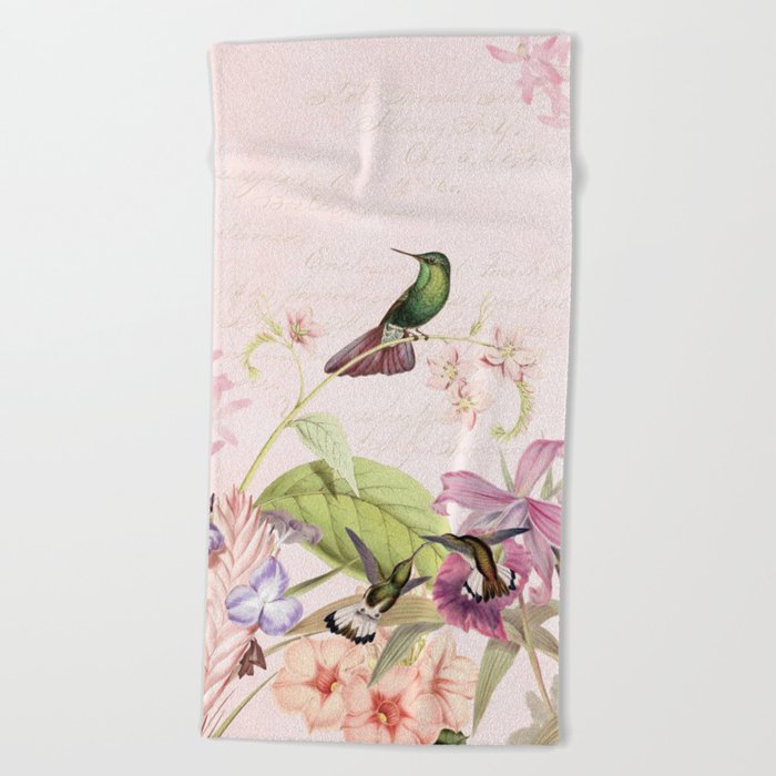 Vintage & Shabby Chic - Blush Tropical Hummingbird Flower Garden Beach Towel