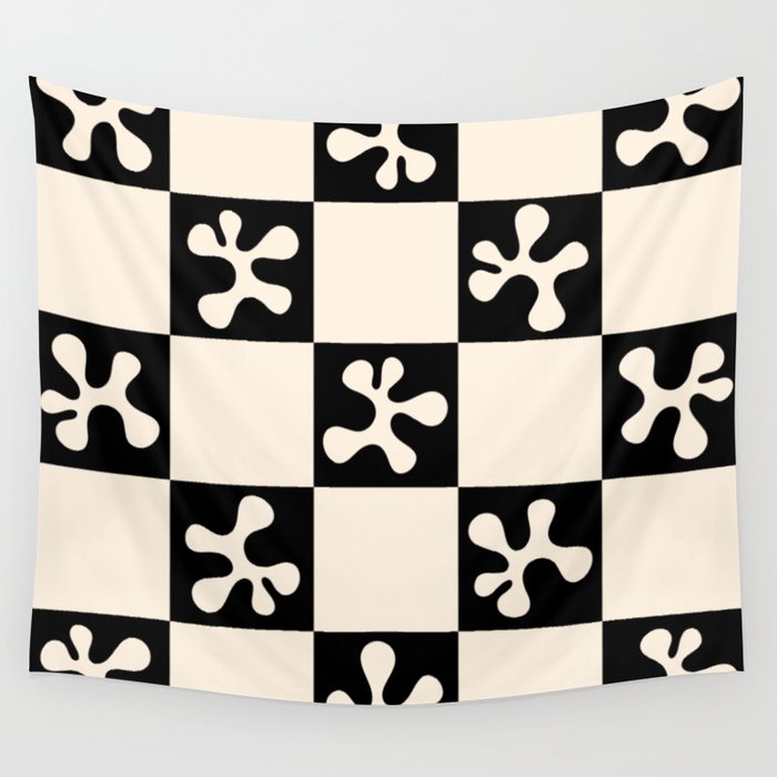 Thing Dance Mid Mod Minimalist Check Abstract Pattern in Black and Almond Cream Wall Tapestry