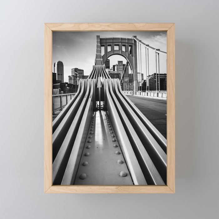Pittsburgh Pennsylvania Steel City Skyline Bridge Black White Print Framed Mini Art Print