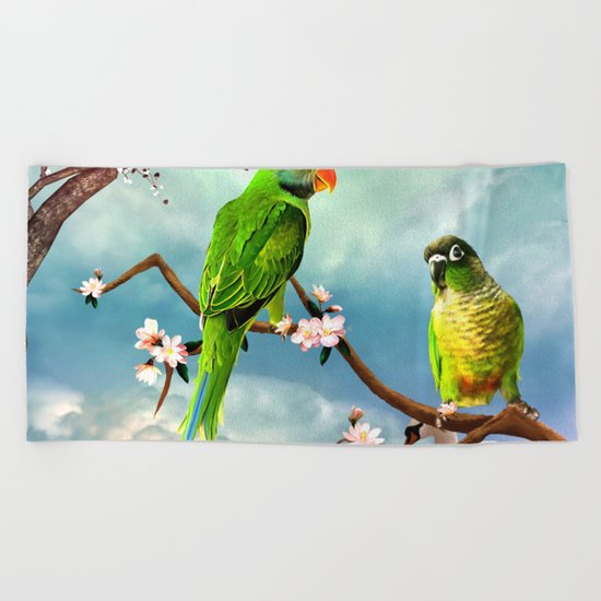 Wonderful, cute parrots Beach Towel