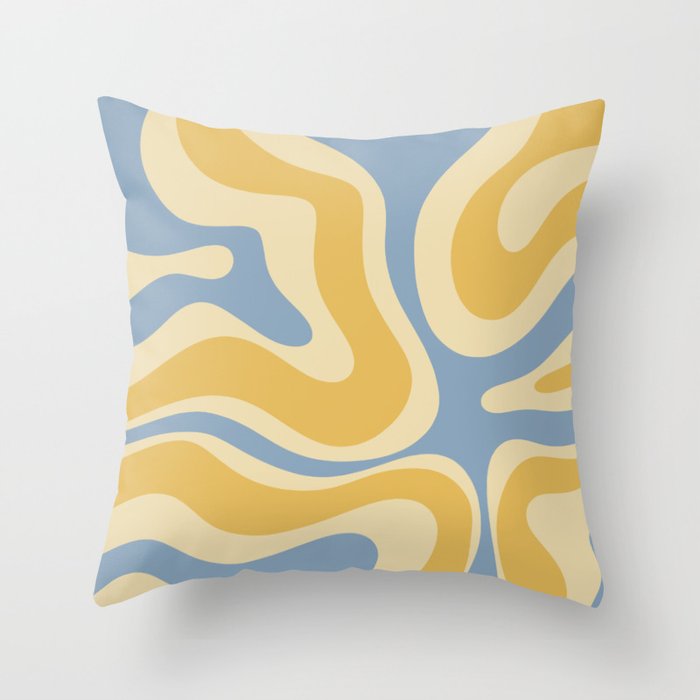 Modern Retro Liquid Swirl Abstract Pattern in Light Blue and Mustard Yellow Throw Pillow