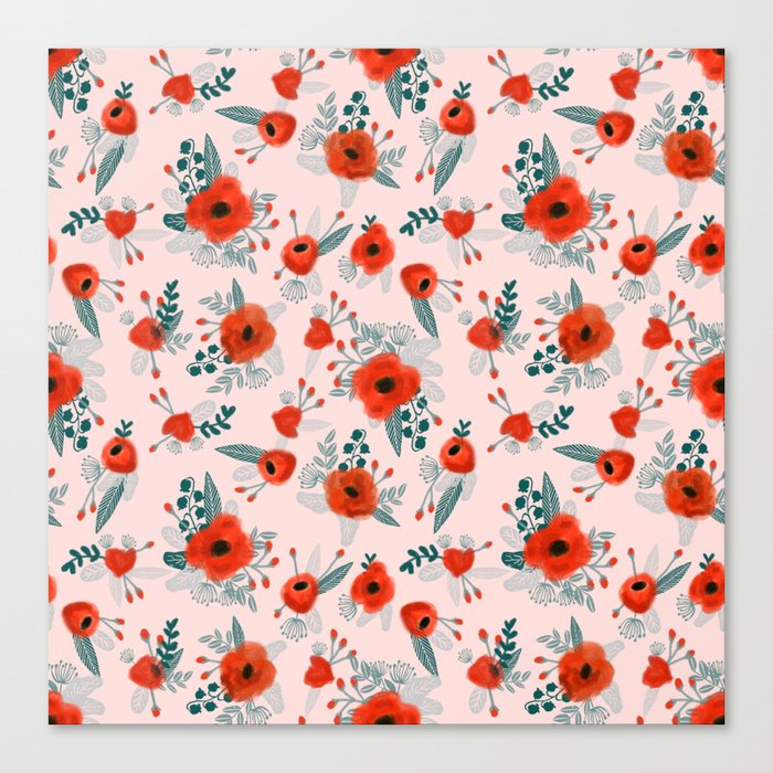 Poppy flower painted pattern floral florals prints poppies red Canvas Print
