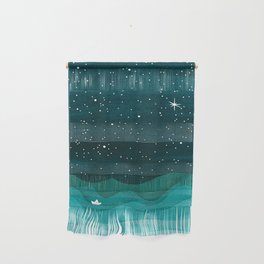 Starry Ocean, teal sailboat watercolor sea waves night Wall Hanging