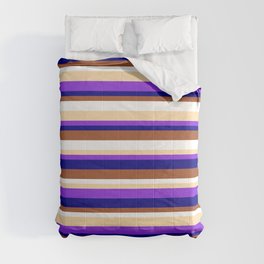 [ Thumbnail: Eyecatching Tan, Purple, Blue, Sienna & White Colored Lines/Stripes Pattern Comforter ]