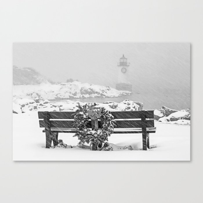 Winter Island Fort Pickering Light and Bench Snowstorm Wreath Black and White Canvas Print