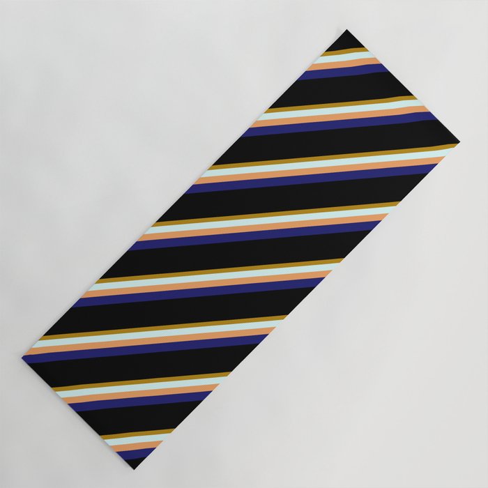Vibrant Dark Goldenrod, Light Cyan, Brown, Midnight Blue & Black Colored Stripes/Lines Pattern Yoga Mat