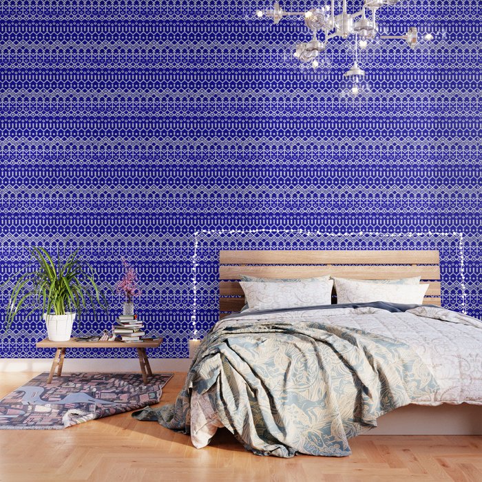 N287 - Blue Indigo Traditional Boho Geometric Moroccan Pattern Wallpaper