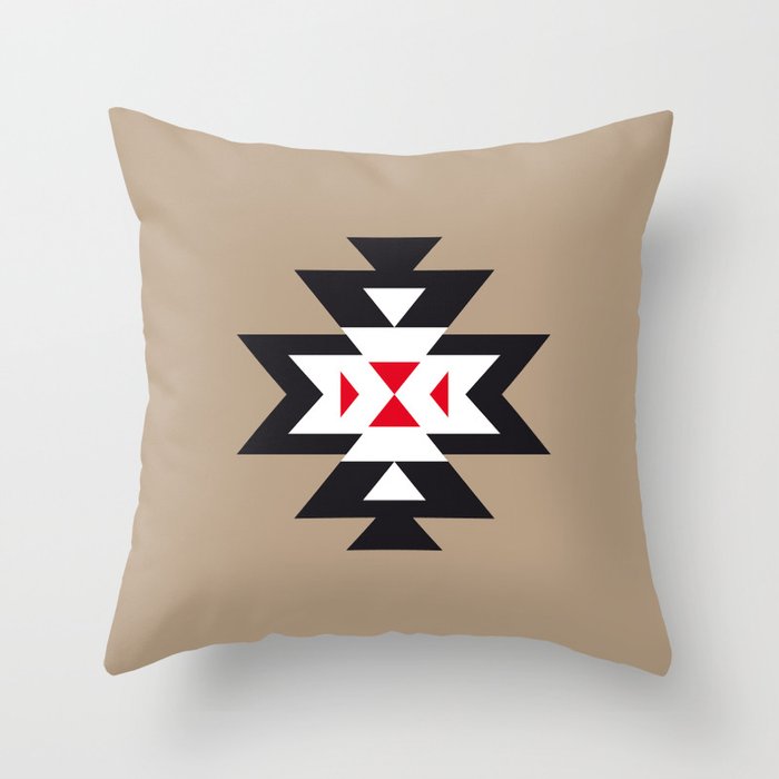 Navajo Aztec Pattern Black White Red On Light Brown Throw Pillow