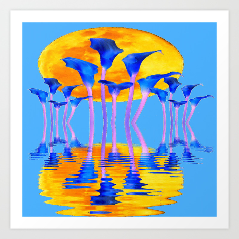 Blue Calla Lilies Moon Water Garden Reflection Art Print By