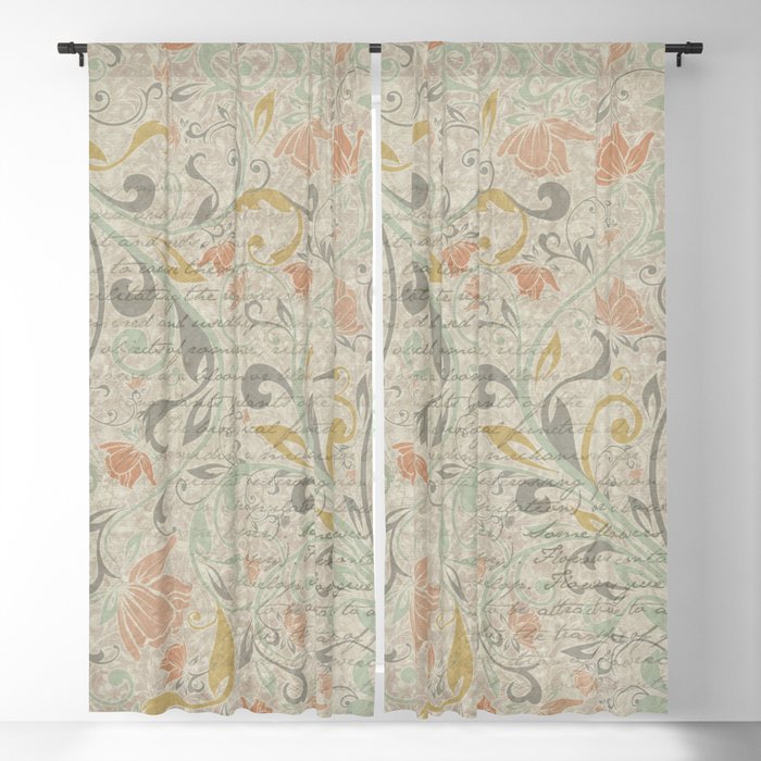 Decorative vintage-style paper with overlapping letters and flowers background Blackout Curtain