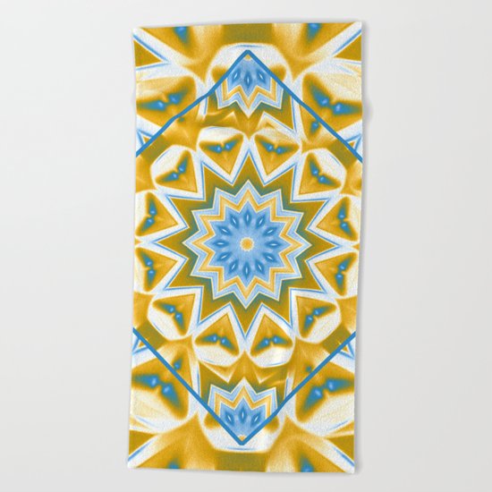 Wheel cover kaleidoscope in blue and gold Beach Towel