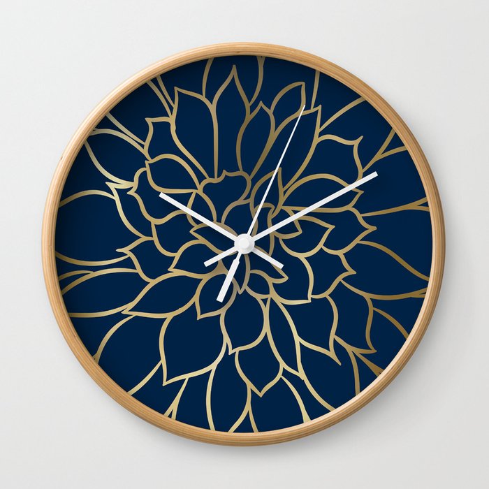 Floral Prints, Line Art, Navy Blue and Gold Wall Clock