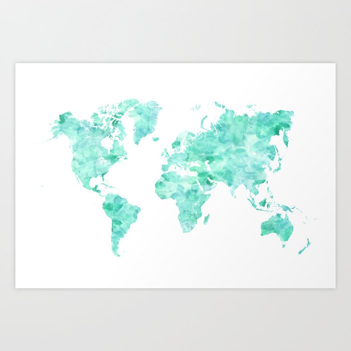 Teal aquamarine watercolor world map Art Print