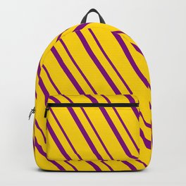 [ Thumbnail: Yellow and Purple Colored Lined Pattern Backpack ]