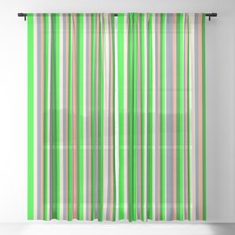 [ Thumbnail: Eyecatching Lime, Green, Dark Salmon, Slate Gray & Beige Colored Striped/Lined Pattern Sheer Curtain ]