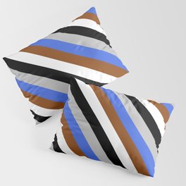 [ Thumbnail: Colorful Grey, Royal Blue, Brown, White, and Black Colored Lined/Striped Pattern Pillow Sham ]