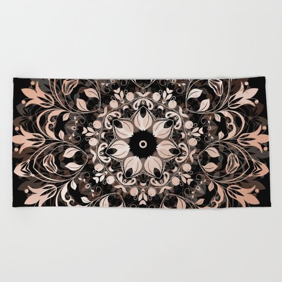 Rose Gold Floral Mandala On Black Beach Towel
