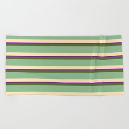 [ Thumbnail: Dark Olive Green, Dark Sea Green, Beige & Dark Violet Colored Lined/Striped Pattern Beach Towel ]