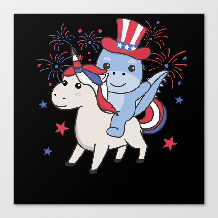 Dino With Unicorn For Fourth Of July Fireworks Canvas Print