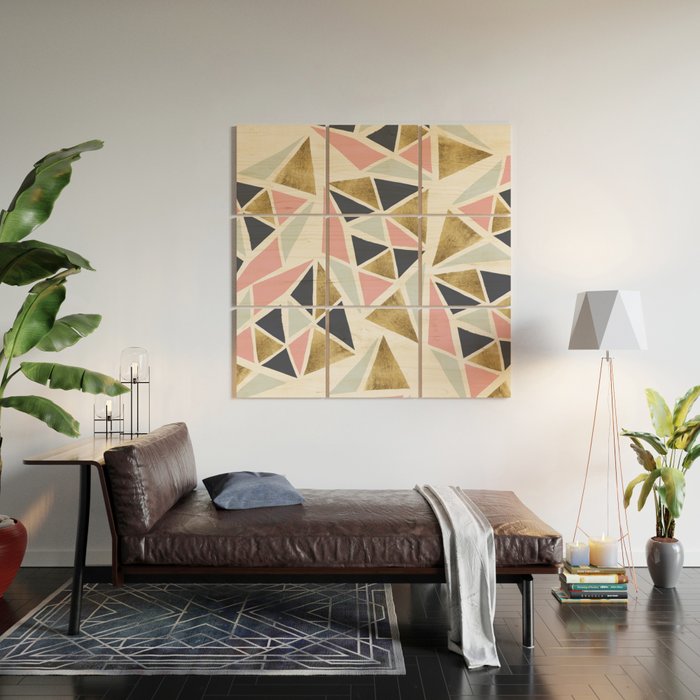 Modern Geometrical Pink Navy Blue Gold Triangles Pattern Wood Wall