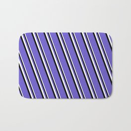 [ Thumbnail: White, Black & Slate Blue Colored Stripes Pattern Bath Mat ]