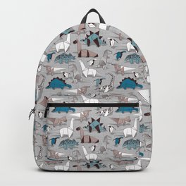 Origami dino friends // grey linen texture blue dinosaurs Backpack
