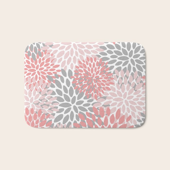Floral Pattern Coral Pink And Gray Bath Mat By Meganmorrisart Society6