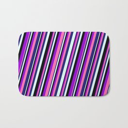 [ Thumbnail: Dark Violet, Hot Pink, Midnight Blue, Light Cyan & Black Colored Lined/Striped Pattern Bath Mat ]