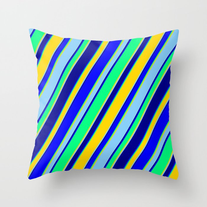 Eyecatching Blue, Green, Yellow, Light Sky Blue & Dark Blue Colored Lines/Stripes Pattern Throw Pillow