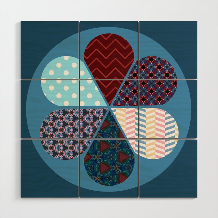 Patchwork Flower with 6 Patterned Petals on Blue Denim  Wood Wall Art