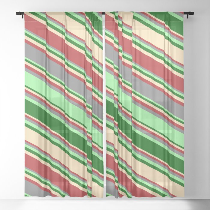 Eyecatching Grey, Green, Dark Green, Beige, and Red Colored Lines Pattern Sheer Curtain