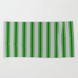 [ Thumbnail: Grey and Green Colored Stripes Pattern Beach Towel ]