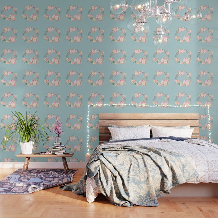 Spring Bouquet Wreath Duck Egg Blue Floral Print Wallpaper By Sharonmau
