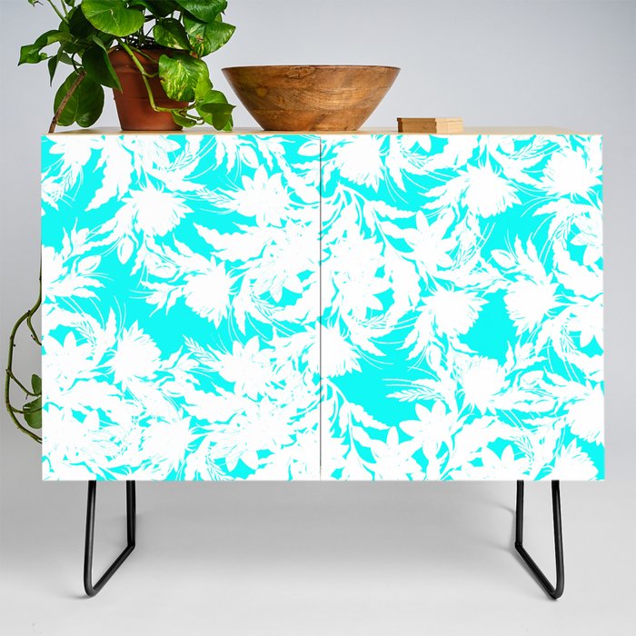 Botanical Abstract White Aqua Teal Floral Credenza