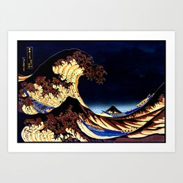 The GREAT Wave Midnight Blue Brown Art Print