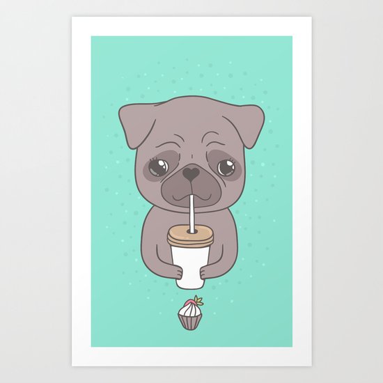 Pug, coffee & cupcake Art Print