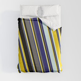 [ Thumbnail: Yellow, Light Cyan, Midnight Blue, Dim Grey & Black Colored Striped Pattern Duvet Cover ]