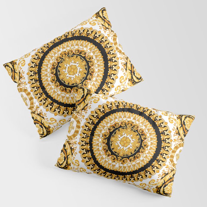 Vintage baroque illustration pattern, antique elements with golden frame on black background. Luxury victorian floral golden elements in a circle and greek lines. Pillow Sham