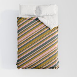[ Thumbnail: Pink, Dark Slate Gray, and Dark Goldenrod Colored Lines Pattern Comforter ]
