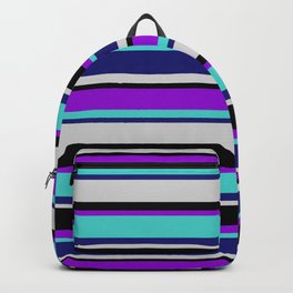 [ Thumbnail: Colorful Dark Violet, Turquoise, Midnight Blue, Light Gray & Black Colored Striped/Lined Pattern Backpack ]