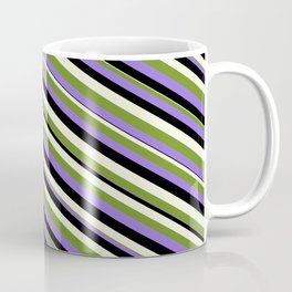 [ Thumbnail: Green, Purple, Black & Beige Colored Lined Pattern Coffee Mug ]